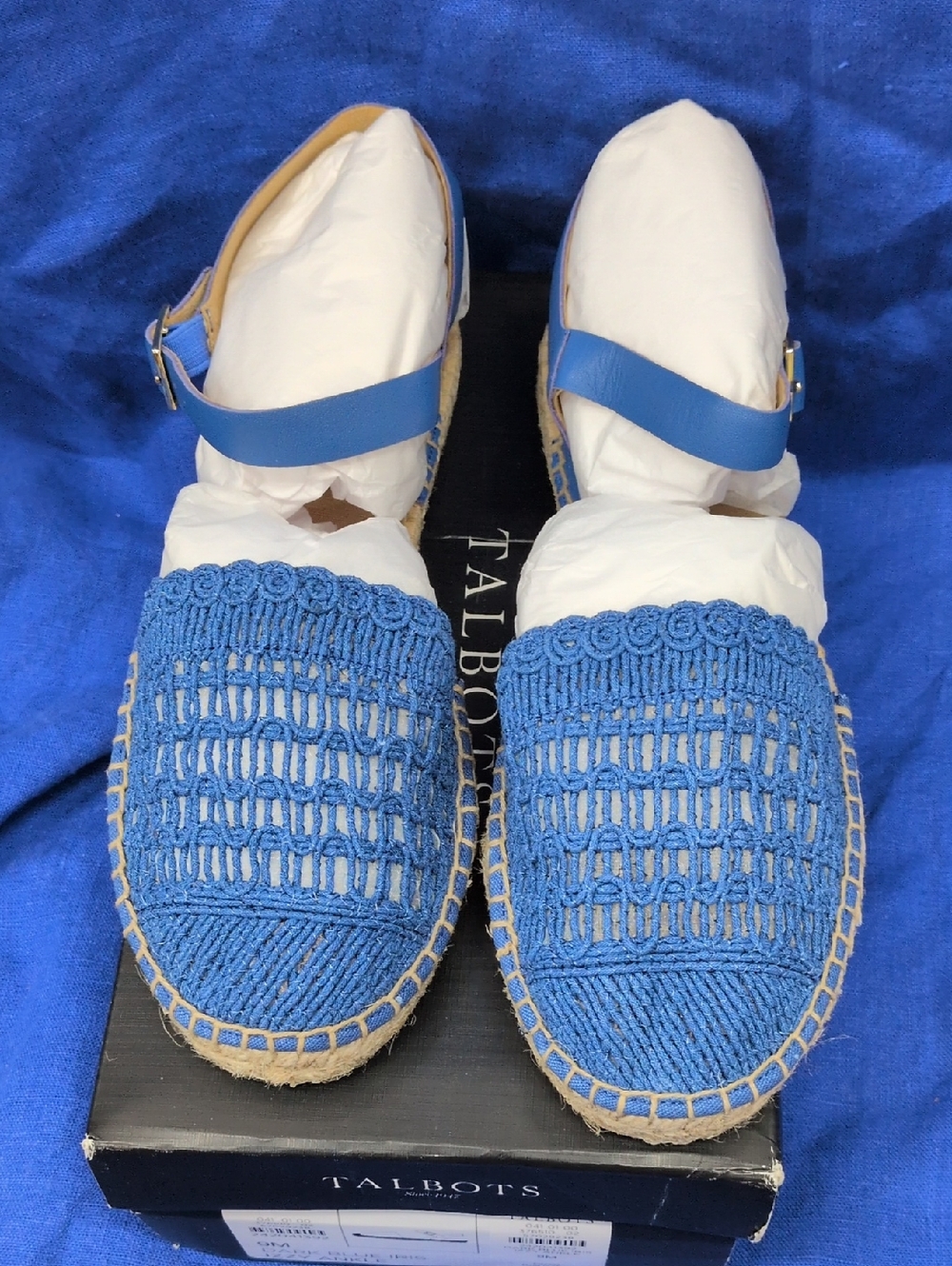 Talbots Blue Crochet Espadrille Sandals with Ankle Strap